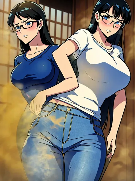 (best quality:1.4),masterpiece,ultra-detailed,delicate features,delicate skin,realism,beautiful lighting,1girl,black hair ,blues eyes ,tareme,long hair,gleaming skin,glasses, oversized tshirt, blue jeans, massive fart, yellow smoke rising, blush, clenching...