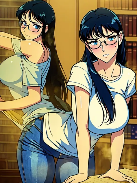 (best quality:1.4),masterpiece,ultra-detailed,delicate features,delicate skin,realism,beautiful lighting,1girl,black hair ,blues eyes ,tareme,long hair,gleaming skin,glasses, oversized tshirt, blue jeans, massive fart, yellow smoke rising, blush, clenching...