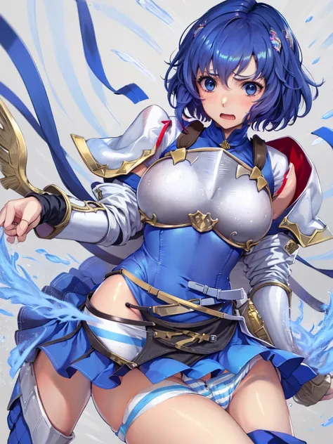 (White background:1.2),masterpiece,best quality,1girl,18yo, beautiful girl,BREAK,Blue Hair, short hair, blue eyes, cute, Narrow waist, small, Toned Up, Large Breasts, Bare shoulders, Red neckerchief, Blue elbow gloves, Blue fingerless gloves, Pauldrons, be...