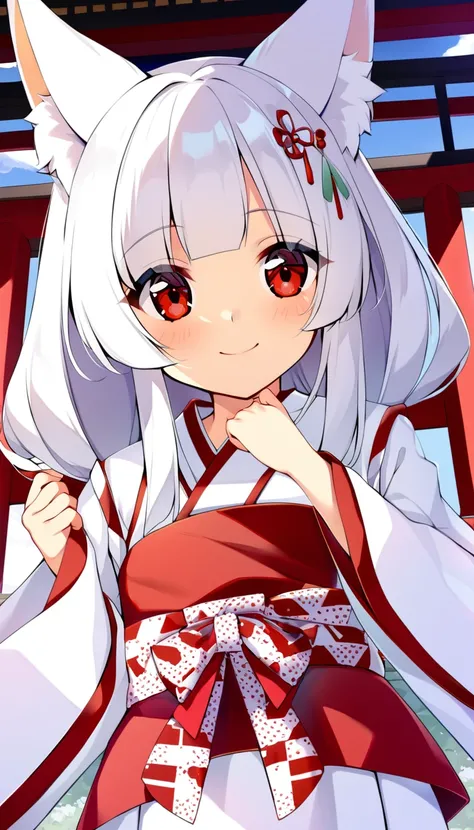 one girl, shrine maiden, fox ears, white hair, red eyes, sacred, beauty, naive, 13 years old, smile cutely