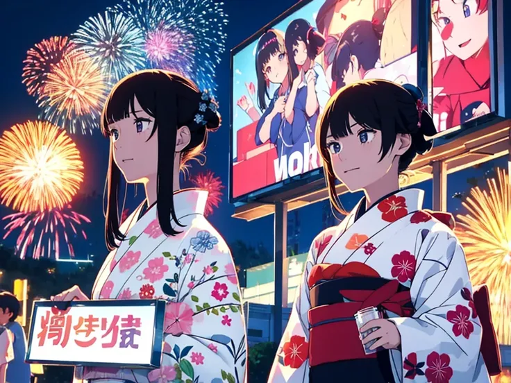 Fireworks、On a large billboard[Juice and tea]It is written、A mini character of a girl wearing a kimono、Boy wearing a happi coat