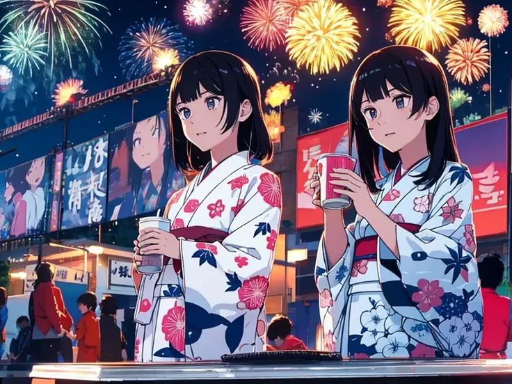 Fireworks、On a large billboard[Juice and tea]It is written、A mini character of a girl wearing a kimono、Boy wearing a happi coat