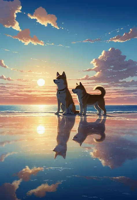 Makoto Shinkai Taste, Beautiful sky, Reflection of light, Shiba Inu puppy,The sea at the end of the road, Romantic Landscape, Healing scenes, 