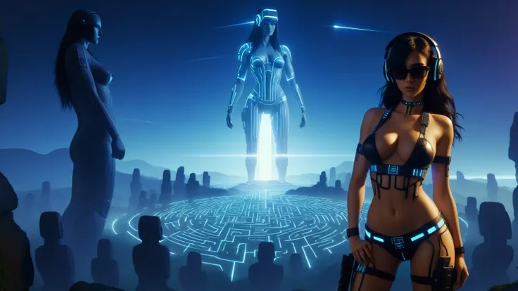 C7b3rp0nkStyle, dark night, prehistoric maze mysterial garden, moai statue, waterfall, cyberpunk, sci-fi, futuristic, tech. (((((1girl, solo, alone))))), medium-breast:1.1 slim body, cleavage, sexy clothes, (headphone, black sunglasses, long black realisti...