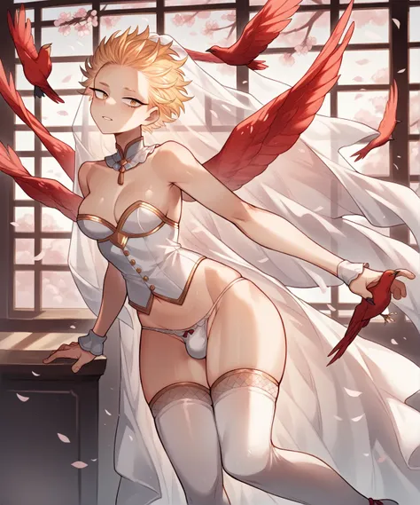 [1],only, chico submissive delicate, gay blonde, slicked back hair with two front strands, gold eyes, red bird wings on its back, fine ranges, delicate, submissive, curves thighs, small waist, delicate hands, Clothes: sexy revealing wedding dress, showing ...