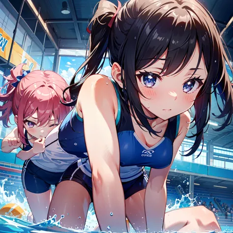 Masterpiece, highest quality, high resolution background, bright and beautiful atmosphere, 2 girls (2 years old, 1 short-tempered round face), 1 child) (hair, surface effects), small breasts, sports club, wiping sweat A girl taking water from a tumbler, he...