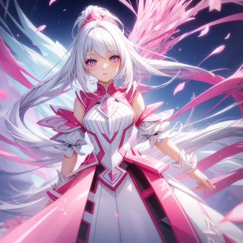 a very pretty girl,tower of fantasy,white hair with pink gradient tips ,bright eyes neon pink ,cherry petals ,futuristic suit , ultra realistic anime style, HDR, 12 k 