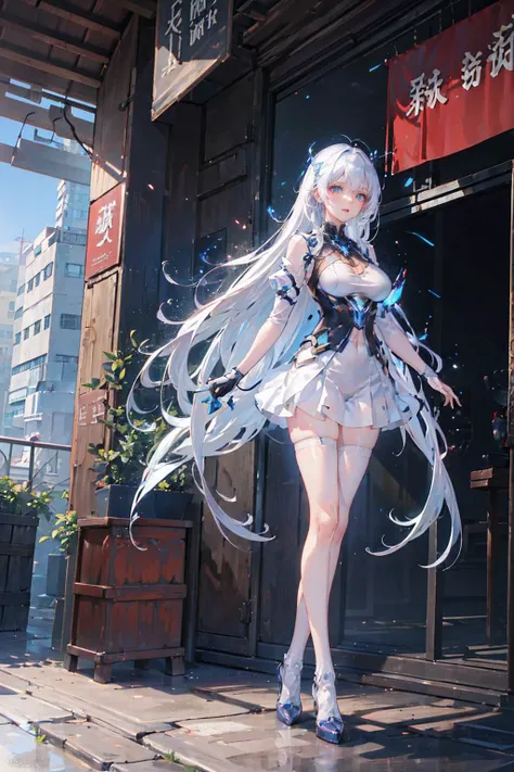 ((Kizi, mecha)), glare eyes, 精致的面容, damaged armor, mechanical aura, mechanical arm, White hair, long hair, ceramic body, Thigh clearance, breasts big, Network Background, Very cool city, (translucent, Reflective skin), 8K, best qualityer, super verbose, (S...