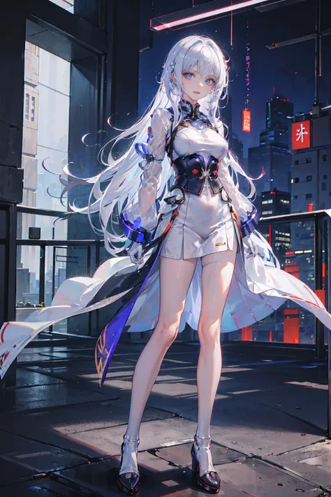 ((Kizi, mecha)), glare eyes, 精致的面容, damaged armor, mechanical aura, mechanical arm, White hair, long hair, ceramic body, Thigh clearance, breasts big, Network Background, Very cool city, (translucent, Reflective skin), 8K, best qualityer, super verbose, (S...