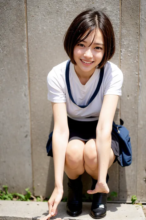 Top quality, 1 beautiful woman, super short Hair, mini skirt , Giddy Smile, Crouching, at school 