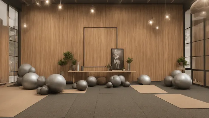 cozy simple fitness yoga room, basement, front view, light wood grain and earth tones, low saturation, wide view.