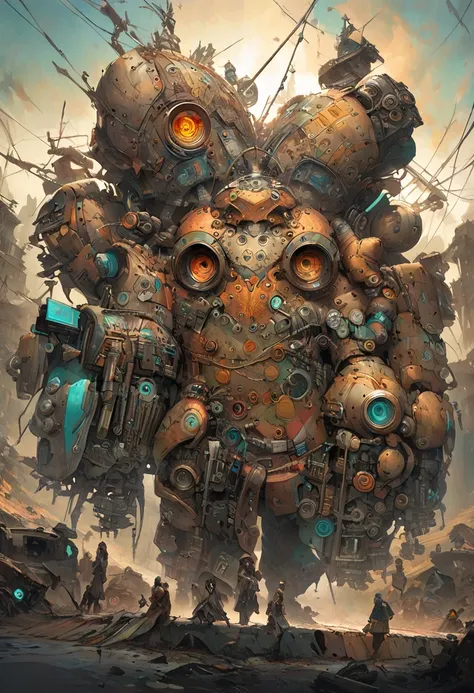 A weathered, eccentric droid mechanic with rivets and wires protruding from mismatched metal plates, an ancient mechanical arm adorned with makeshift tools, and a faded logo of a long-forgotten company etched on its chest. This compelling character concept...