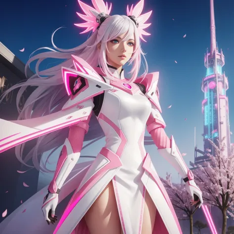 a very pretty girl,tower of fantasy,white hair with pink gradient tips ,bright eyes neon pink ,cherry petals ,futuristic suit , ultra realistic anime style, HDR, 12 k 