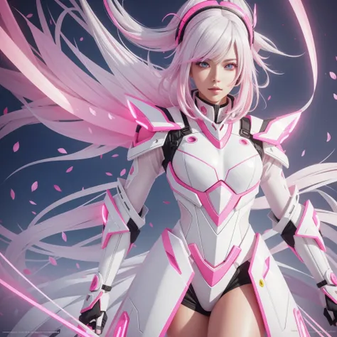 a very pretty girl,tower of fantasy,white hair with pink gradient tips ,bright eyes neon pink ,cherry petals ,futuristic suit , ultra realistic anime style, HDR, 12 k 