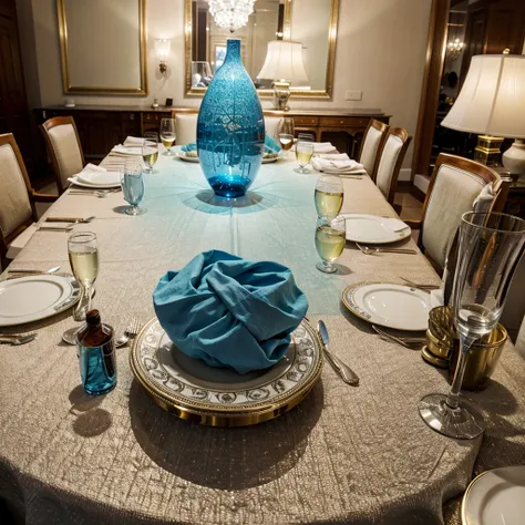 A photorealistic image of a luxuriously set table in a prestigious hotel dining room. The table is covered in a light blue tablecloth focus on the intricate details of the table setting, including crystal glasses