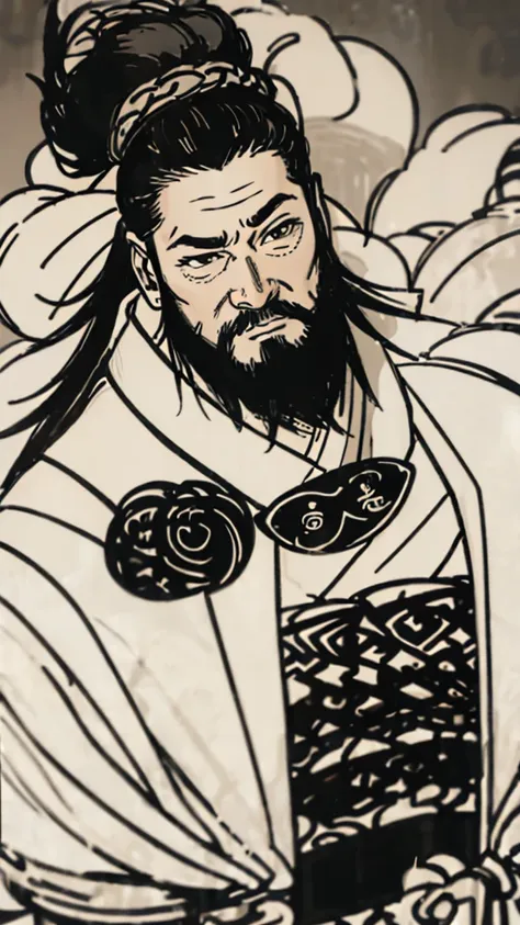 monochrome,oriental、men in ancient chinese costumes、(ancient chinese hairstyle male)、as seen in the romance of the three kingdom...