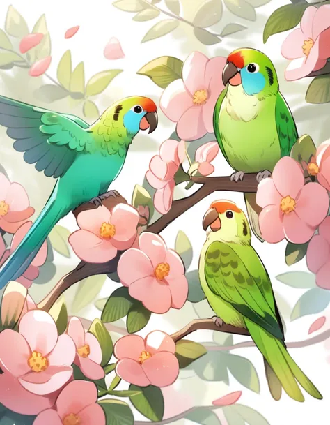 Cute parakeet　bird　Lots of flowers around　busy