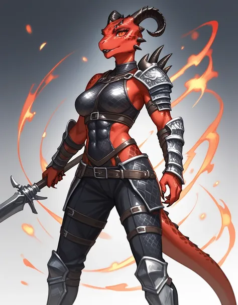 Solo, score_9,score_8_up,score_7_up, kemono style, Anthro Argonian female from skyrim, Anthro reptile girl, snout, red scaled skin, glowing red eyes, black lips, black horns, black ram horns, athletic body, and, wearing metal barbarians armor, standing, po...