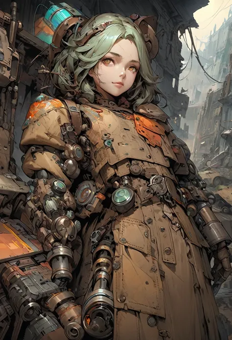 A weathered, eccentric droid girl mechanic with rivets and wires protruding from mismatched metal plates, an ancient mechanical arm adorned with makeshift tools, and a faded logo of a long-forgotten company etched on its chest. This compelling character co...