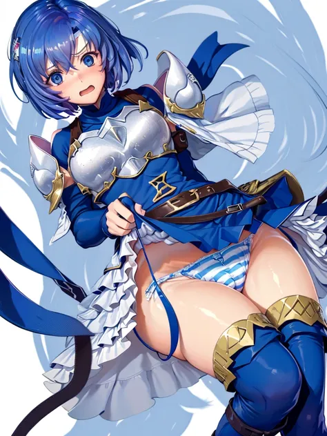 (White background:1.2),1girl,BREAK,Blue Hair, short hair, blue eyes, cute, Narrow waist, small, Toned Up, Large Breasts, Bare shoulders, Red neckerchief, Blue elbow gloves, Blue fingerless gloves, Pauldrons, belt, breastplate, White headband, Short dress, ...