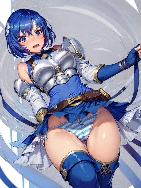 (White background:1.2),1girl,BREAK,Blue Hair, short hair, blue eyes, cute, Narrow waist, small, Toned Up, Large Breasts, Bare shoulders, Red neckerchief, Blue elbow gloves, Blue fingerless gloves, Pauldrons, belt, breastplate, White headband, Short dress, ...