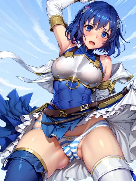 (White background:1.2),1girl,BREAK,Blue Hair, short hair, blue eyes, cute, Narrow waist, small, Toned Up, Large Breasts, Bare shoulders, Red neckerchief, Blue elbow gloves, Blue fingerless gloves, Pauldrons, belt, breastplate, White headband, Short dress, ...