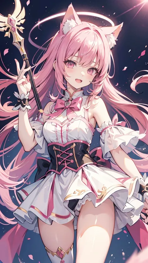 hyper precise hyper detailed illustrations,fate grand order style,1short shota,pink hair,long hair,angel halo,cat ear,cat tail,open mouth cat smile,looks like little bitch,Whip thick thighs,adult-game style magical girl costume,