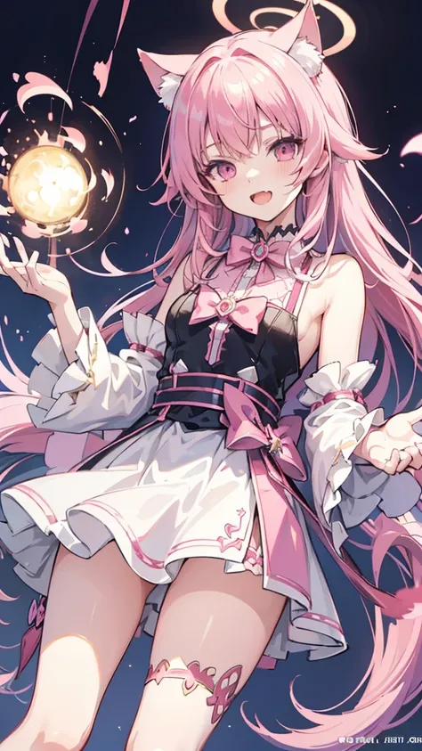 hyper precise hyper detailed illustrations,fate grand order style,1short shota,pink hair,long hair,angel halo,cat ear,cat tail,open mouth cat smile,looks like little bitch,Whip thick thighs,adult-game style magical girl costume,