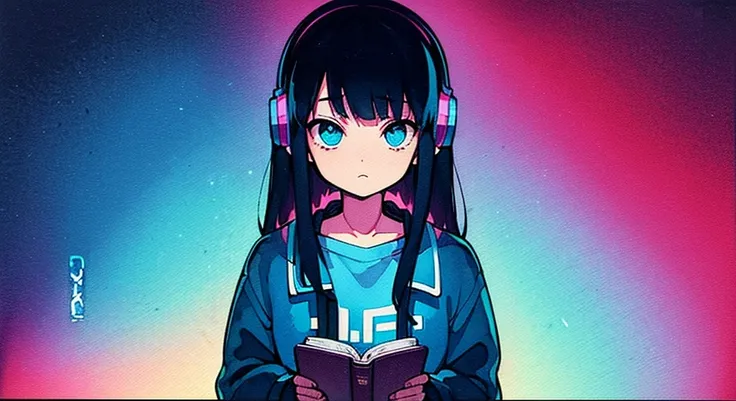 (zero), girl studying in her room, reading a book, wear headphones, , night lights, neon landscape on a rainy day,analog color t...