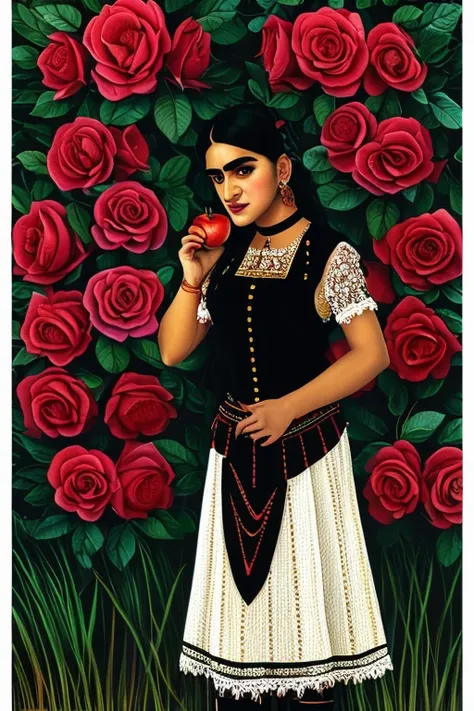 tan skin indian afghan prominent nose thick eyebrows frida kahlo a woman with long flowing black hair, piercing eyes, a prominen...