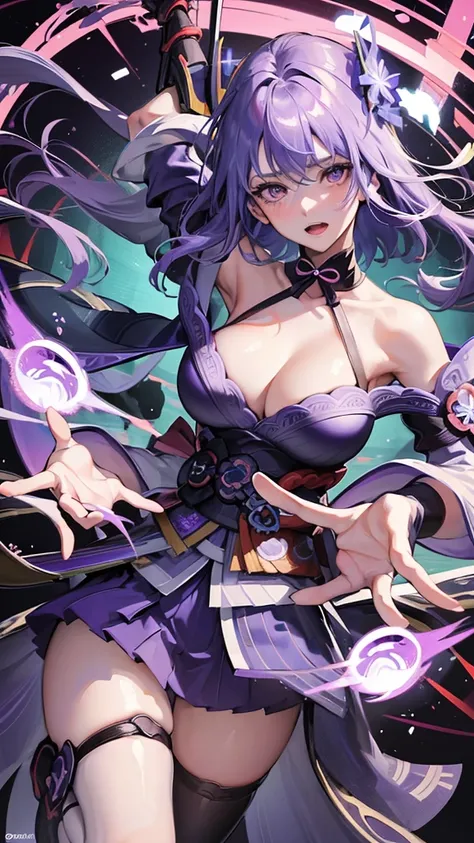 1 woman (raiden shogun) ,(genshinimpact ),purple hair, purple eyes ,blush ,open mouth, looking at viewer, bikini transparent , tropical ,morning, big breasts, begging pose ,bouquet in hand