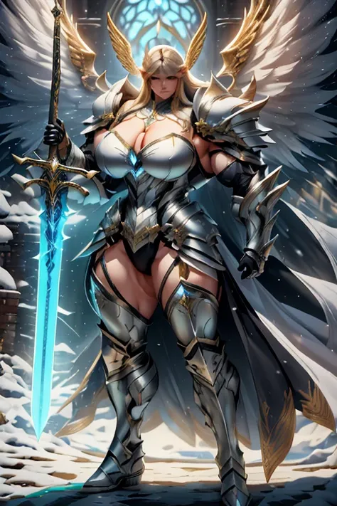 ((Massive beautiful, buff, light brown skinned muscular paladin woman with yellow hair, giant angel wings, black lipstick, ginormous bulky muscles, carrying a giant sword and wearing angel white paladin knight armored with a long tiered skirt)), ((close vi...