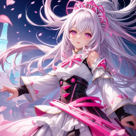 a very pretty girl,tower of fantasy,white hair with pink gradient tips ,bright eyes neon pink ,cherry petals ,sexy futuristic costume , ultra realistic anime style, HDR, 12 k 