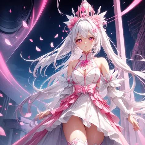 a very pretty girl,tower of fantasy,white hair with pink gradient tips ,bright eyes neon pink ,cherry petals ,sexy futuristic costume , ultra realistic anime style, HDR, 12 k 