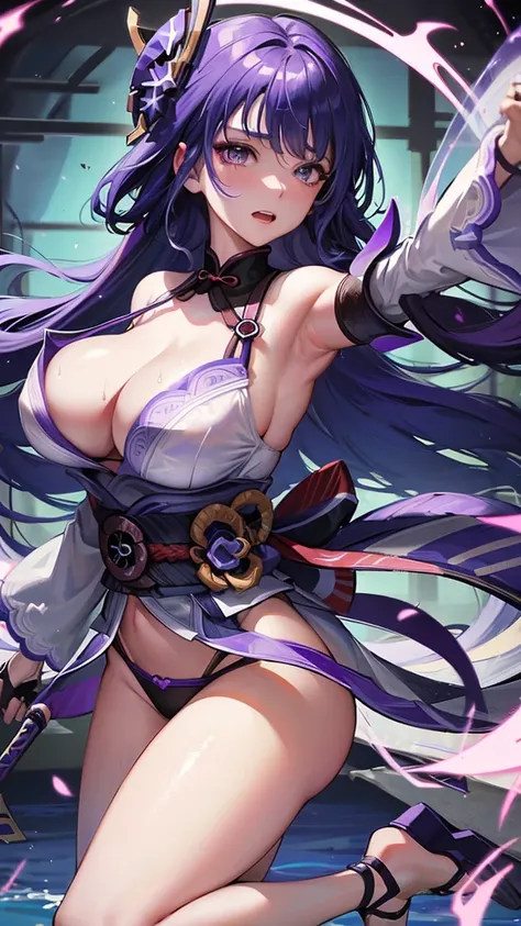 1 woman (raiden shogun) ,(genshinimpact ),purple hair, purple eyes ,blush ,open mouth, looking at viewer, bikini transparent , tropical ,morning, big brest ,wet