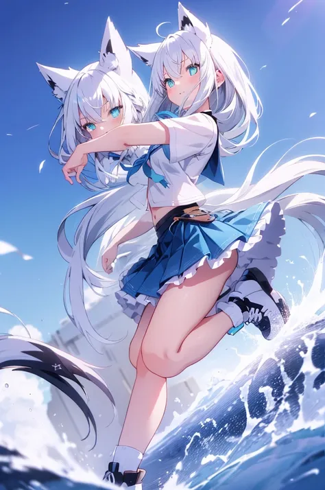 beautiful cat wolf girl, silver hair, wolf ears, and tail, bright blue eyes, icy, (unusual students), (glowing eyes), (magic eye...