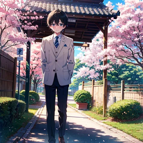 Anime-style illustration of a cute boy standing at the school gate lined with cherry blossom trees with a blushing face and tears in his eyes. The boy is wearing a skirt-style recruitment suit.