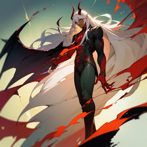 Male character, handsome, dark skin, black wings, wearing a red suit, long white hair, green eyes, his appearance is that of a fire demon, his body is that of a fire demon with giant horns, a bestial body.