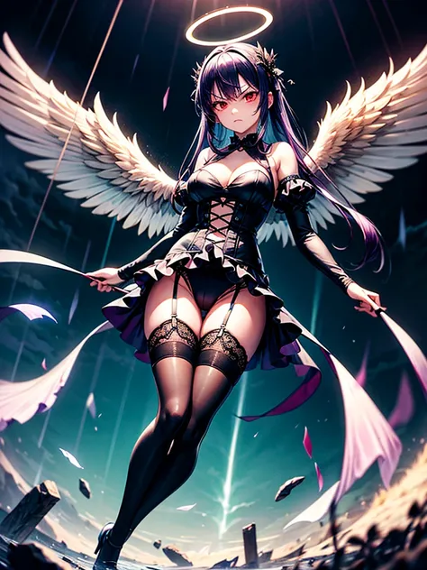 Highest quality,Highest Resolution,Beautiful girl with angry face in gothic lolita leotard,High leg,(((Floating in the air))),Halo,Night Sky,Severe lightning strike,Thick Lightning,Very beautiful red eyes,rain,(((Black angel wings on the back))),whole body...