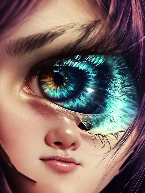 The shadow of a crying girl appears from the shining clouds、Beautiful face、beautidful eyes、 (Detailed eyes, Eyes Like Gems, Sparkling eyes:1.3)、Spectacular scenery beyond imagination, glowing hearts, Tears, fear, flowing, Bioluminescent skin, Fractal Nebul...