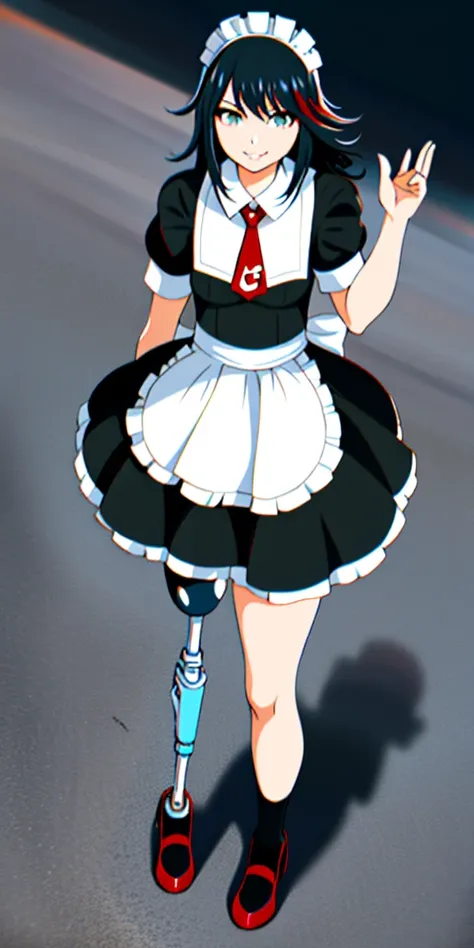 best quality, 1girl, solo, standing, outdoors,  medium hair, black hair, straight hair, looking at viewer, medium breasts,  (prosthetic leg:1.2), Ryuko, full body, smiling, (skirt:1.2), maid custom, maid uniform, black skirt, maid looking. 