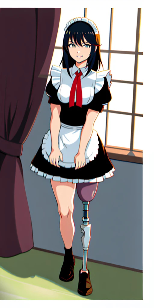 best quality, 1girl, solo, standing, outdoors,  medium hair, black hair, straight hair, looking at viewer, medium breasts,  (prosthetic leg:1.2), Ryuko, full body, smiling, (skirt:1.2), maid custom, maid uniform, black skirt, maid looking. 