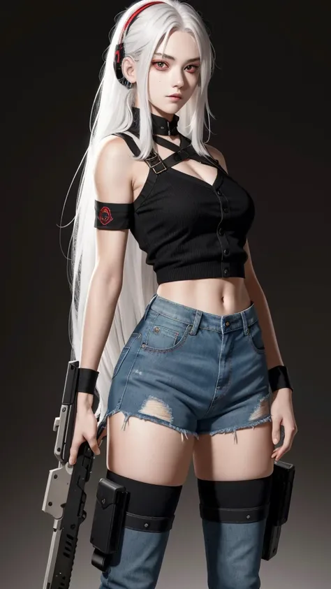 1 girl 19 year old, long white hair, red eyes, holding an handgun, cord top, short jeans, anime style, assaust uniform, battle girl, black thigh highs, upper body, best quality, 8k resolution, Point right hand at the viewer, looking at viewer, brown backgr...