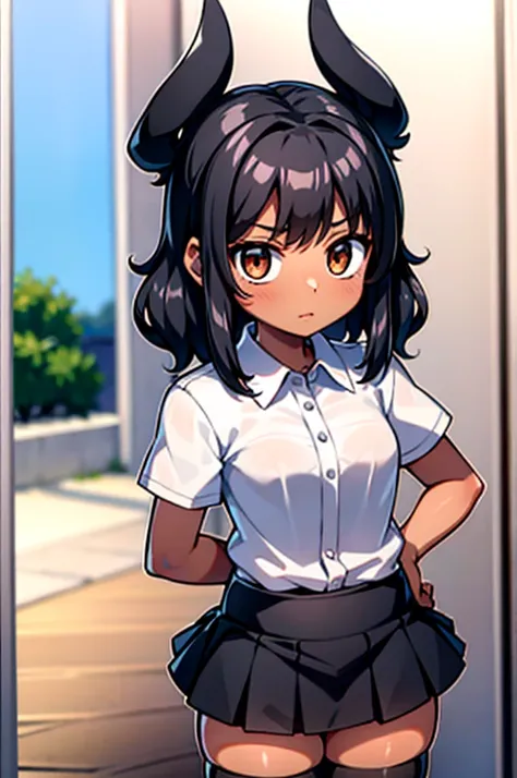 a girl with black hair and dark brown eyes, dark skin and a white shirt with a micro skirt and stirrup legwear