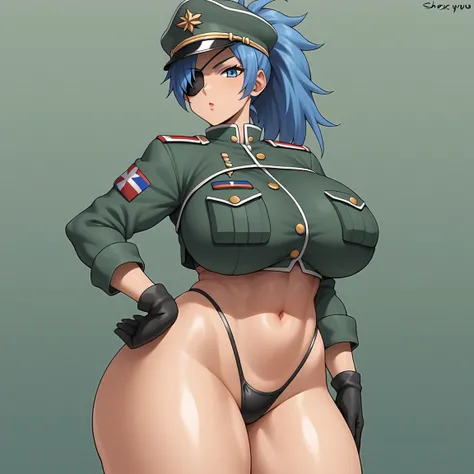 1girl, leona_heidern, eyepatch, solo, breasts, blue_hair, gloves, blue_eyes, underwear, hand_on_hip, panties, hat, ponytail, navel, thick_thighs, highleg, black_gloves, jacket, thighs, highleg_panties, large_breasts, huge_breasts, looking_at_viewer, crop_t...