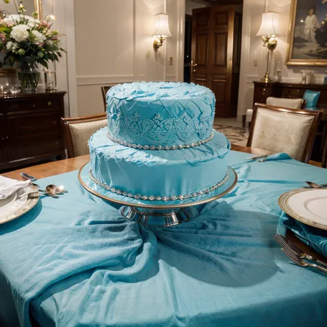 A photorealistic image of a luxuriously set table in a prestigious hotel dining room. The table is covered in a light blue tablecloth that casts a soft, elegant blue tint on the entire scene. Focus on the intricate details of the table setting, including c...