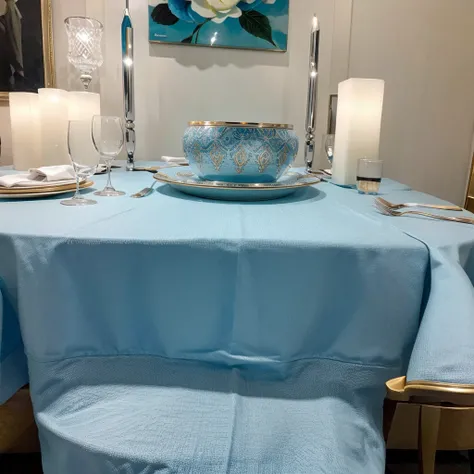 A photorealistic image of a luxuriously set table in a prestigious hotel dining room. The table is covered in a light blue tablecloth that casts a soft, elegant blue tint on the entire scene. Focus on the intricate details of the table setting, including c...