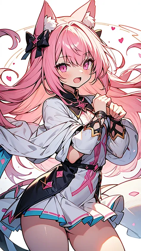 hyper precise hyper detailed illustrations,fate grand order style,1short shota,pink hair,long hair,angel halo,cat ear,cat tail,open mouth cat smile,looks like little bitch,Whip thick thighs,adult-game style magical girl costume,