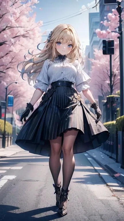 Low angle,from low,((work of art, higher resolution,best qualityer)), (beautiful illustration), ((1 girl,cute,Youngh,beautiful semi long blonde hair,rhombus stripe,gorgeous eyes)),(standing alone),(beautiful elegant office blouse and black skirt),(gazing a...