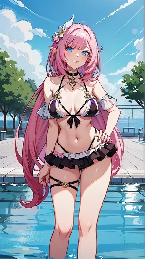 Masterpiece, Super real Detail, High Quality, 8K, top quality, one girl, alone, looking at viewer, bangs, elysia, honkai impact , pink hair, light blue eyes, long hair, manicure, hair ornament, beautiful body, ((shin silk white colored micro bikini and tho...